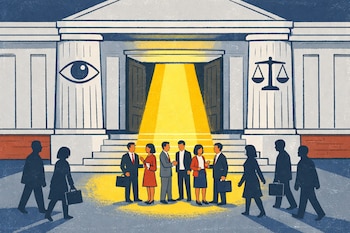 Ilustración de un edificio clásico con columnas, un ojo y una balanza, con puertas abiertas emitiendo luz dorada. Figuras de personas conversan en la luz y otras se acercan.