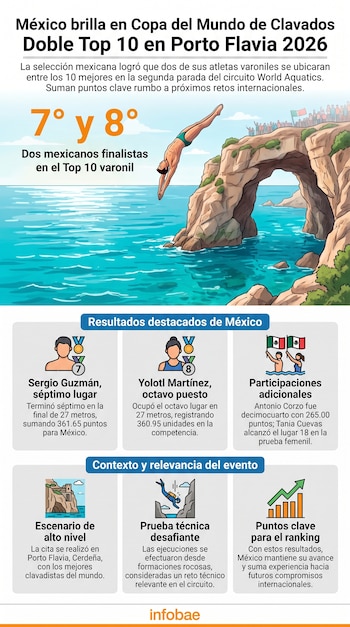 Infografía con título "México brilla en Copa del Mundo de Clavados Doble Top 10 en Porto Flavia 2026", imagen de un clavadista en el mar y datos.