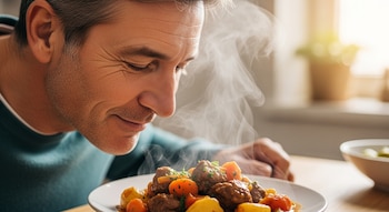 Primer plano de un hombre de unos 50 años con pelo canoso y jersey verde, oliendo un plato de estofado caliente con carne, patatas y zanahorias, con vapor ascendiendo.