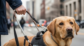 Primer plano de un perro guía labrador de pelaje dorado con arnés negro, la mano de una persona sujeta el arnés. Al fondo, una calle urbana desenfocada.