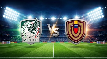 Estadio de fútbol iluminado con césped verde. Escudos de México y Venezuela enfrentados, separados por un "VS" metálico en el centro.