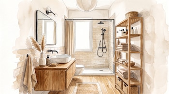 Ilustración de un baño con lavabo, espejo, ducha, inodoro, mueble de madera, estantería con toallas y alfombra sobre piso de madera.