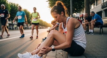 Maratonista sentada en la acera con expresión de dolor, sujetando su tobillo derecho. Viste top blanco y shorts negros. Fondo borroso con otros corredores.
