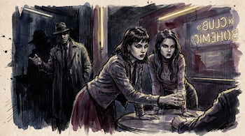 Dibujo de dos mujeres en un local nocturno ofreciendo un vaso a una persona, mientras un hombre con abrigo y sombrero observa al fondo.