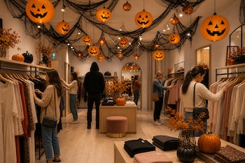 Interior de una tienda con percheros de ropa, personas de pie y linternas de calabazas colgadas entre mallas negras del techo.
