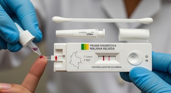 Mano con guante azul, dedo con gota de sangre, prueba diagnóstica de malaria con mapa de Colombia, gotero con líquido, hisopo de algodón y ampolla.