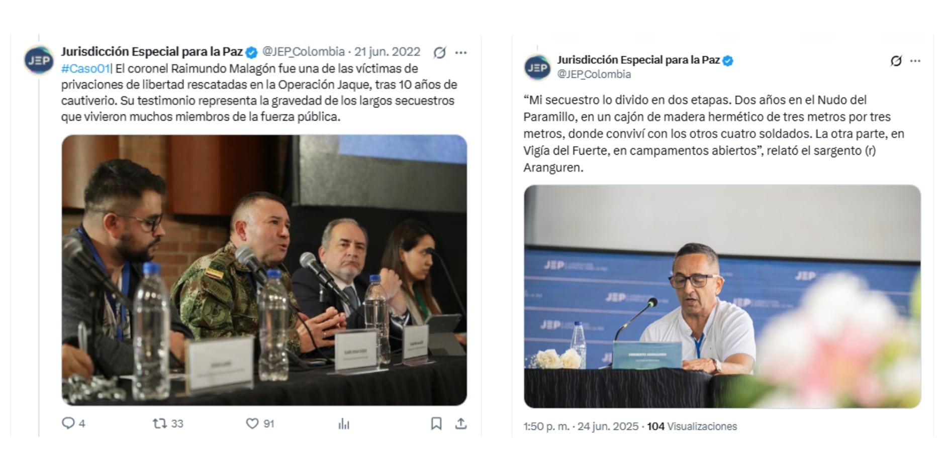 JEP respondió al coronel (r) Raimundo Malagón y defendió el papel de las víctimas en el proceso contra las Farc - crédito @JEP_Colombia/X
