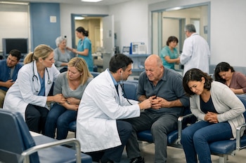 Médicos en batas blancas atienden a pacientes sentados con dolor abdominal en una sala de espera azul y blanca. Otros pacientes esperan con signos de malestar.