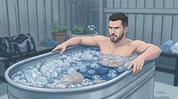 Ilustración de un hombre en una tina metálica con agua y cubos de hielo, frente a una pared de madera con bancos y plantas.