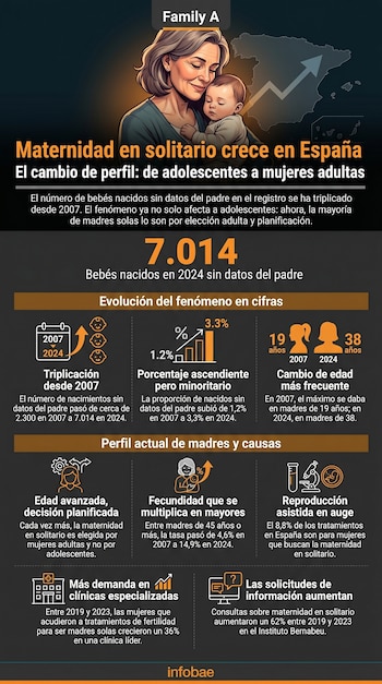 Infografía sobre la maternidad en solitario en España, con una mujer abrazando a un bebé y un mapa de España con una flecha ascendente.
