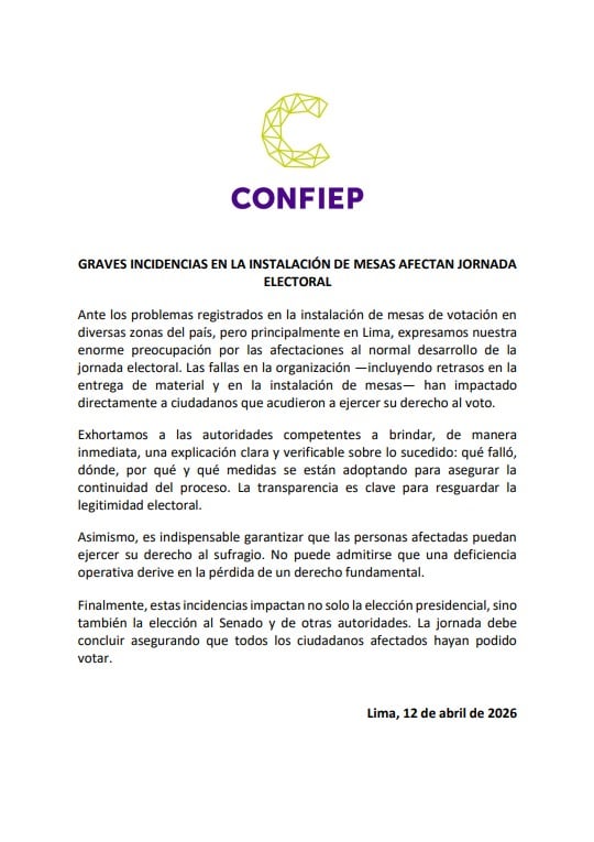 La CONFIEP expresó su preocupación ante fallas en las elecciones presidenciales y parlamentarias de 2026 en Lima.