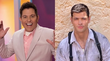Collage de dos hombres. Uno sonríe con traje y las manos en alto frente a un fondo de colores. Otro posa con camisa y collar frente a un muro de piedra.