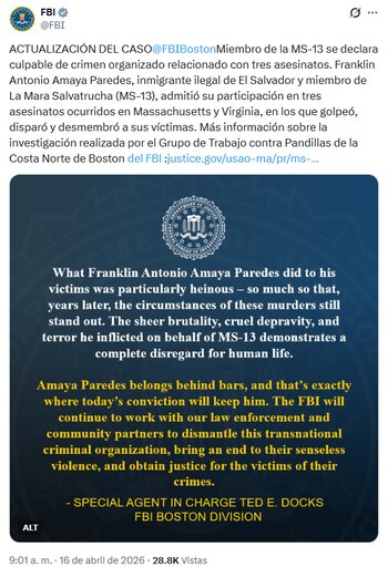 Franklin Antonio A., alias 'Mosca', se declaró culpable en Boston por crímenes organizados, incluyendo tres asesinatos brutales ejecutados bajo órdenes desde El Salvador. (Cortesía: FBI)