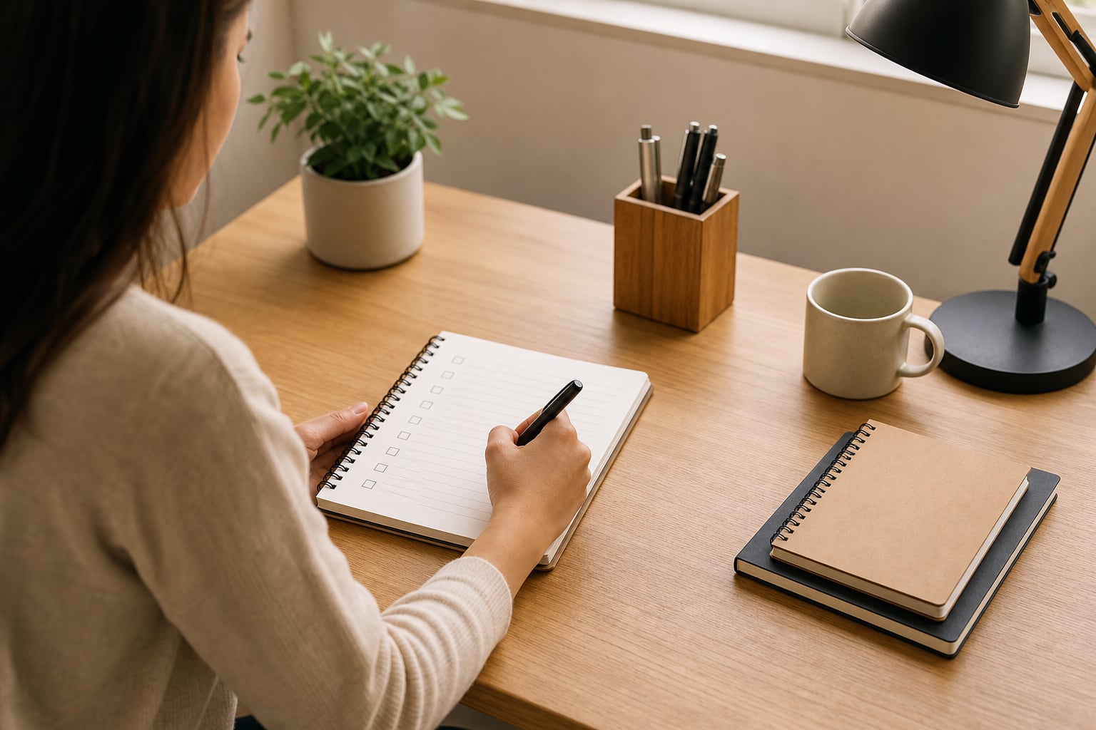 Una persona escribe una lista de tareas en un cuaderno con espiral frente a un escritorio de madera con una planta, una taza y una lámpara (Imagen Ilustrativa Infobae)