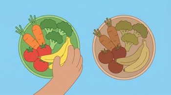 Mano ilustrada elige plátanos, zanahorias, brócoli y tomates crudos de un plato verde; a su lado, los mismos alimentos aparecen cocidos en un plato marrón.