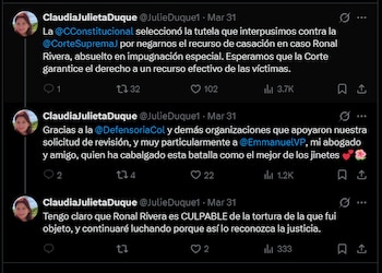 Claudia Julieta Duque ha denunciado que la decisión absolutoria la dejó en un estado de indefensión y constituye una revictimización - crédito @JulieDuque1/X