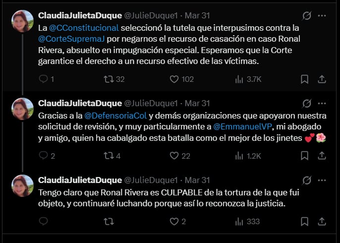 Claudia Julieta Duque ha denunciado que la decisión absolutoria la dejó en un estado de indefensión y constituye una revictimización - crédito @JulieDuque1/X