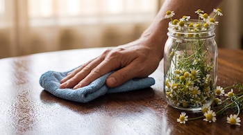 Una mano limpia una mesa de madera con un paño azul al lado de un frasco de vidrio lleno de flores de manzanilla.