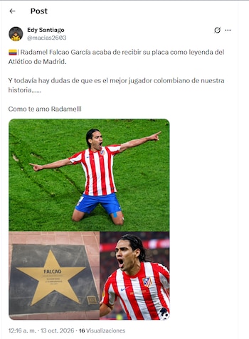 La estrella de Falcao está ubicada muy cerca a la de leyendas del Atlético de Madrid como Futre, Fernando Torres y Luis Aragonés - crédito X