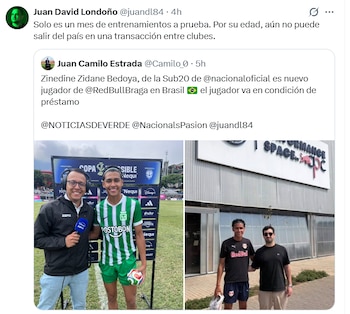 El anuncio de los periodistas Juan David Londoño y Juan Camilo Estrada sobre la llegada de Zinedine Zidane al Bragantino, del fútbol brasileño - crédito @juandl84/@camilo_0/X