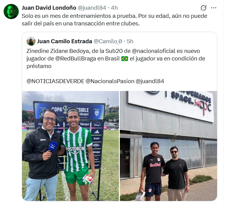 El anuncio de los periodistas Juan David Londoño y Juan Camilo Estrada sobre la llegada de Zinedine Zidane al Bragantino, del fútbol brasileño - crédito @juandl84/@camilo_0/X