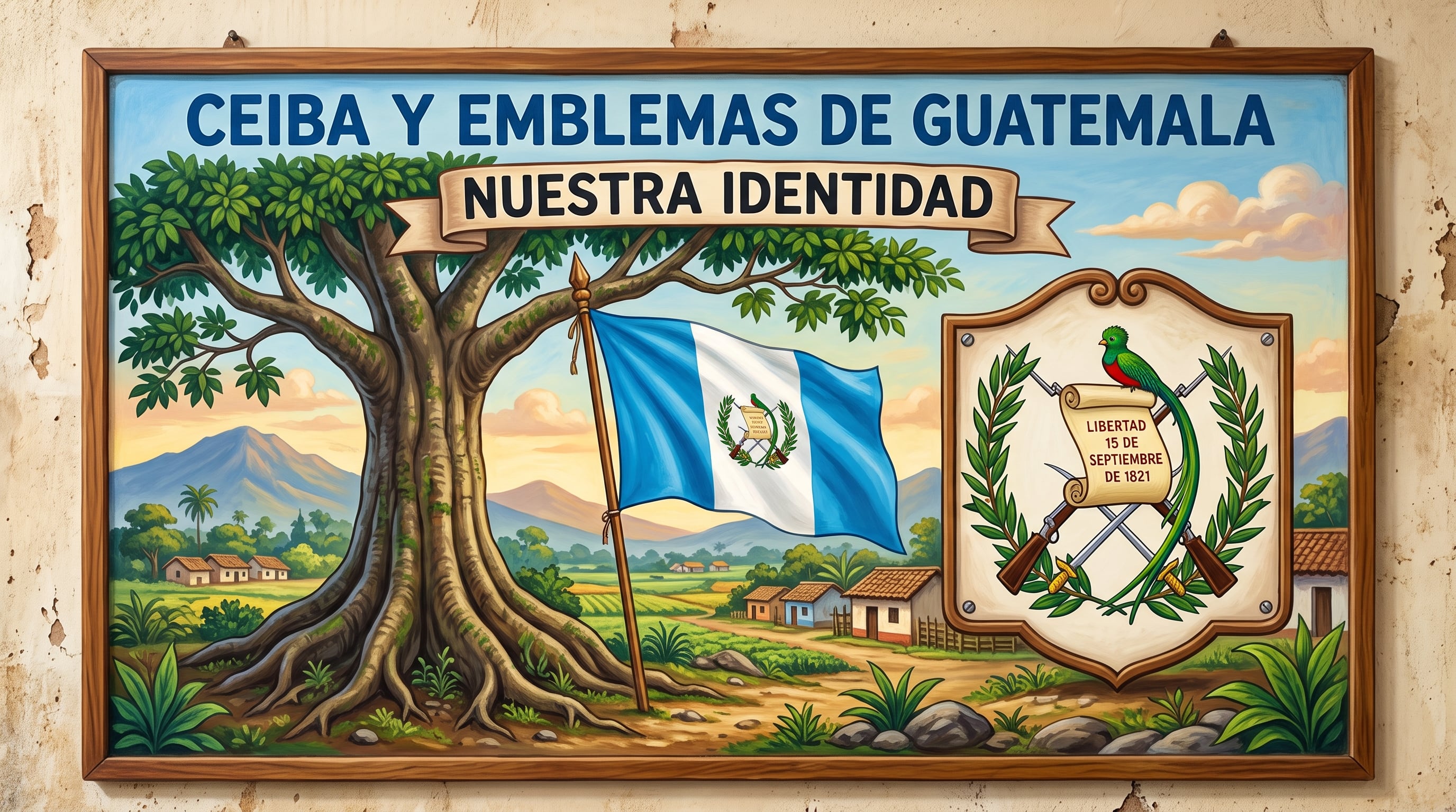 Un cuadro ilustrado presenta la ceiba, la bandera y el escudo nacional como símbolos de la identidad de Guatemala. (Imagen Ilustrativa Infobae)