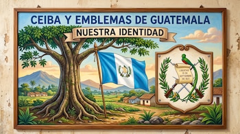 Pintura enmarcada que representa una ceiba, la bandera de Guatemala y el escudo nacional en un paisaje rural.
