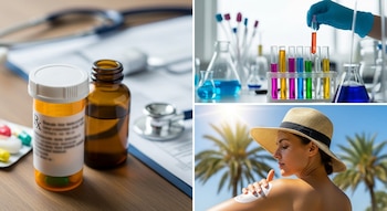 Frascos de medicación, estetoscopio, tubos de ensayo coloridos en laboratorio y persona con sombrero aplicando protector solar al aire libre.