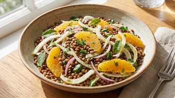 Receta de ensalada de lentejas, hinojo y naranjas, rápida y fácil