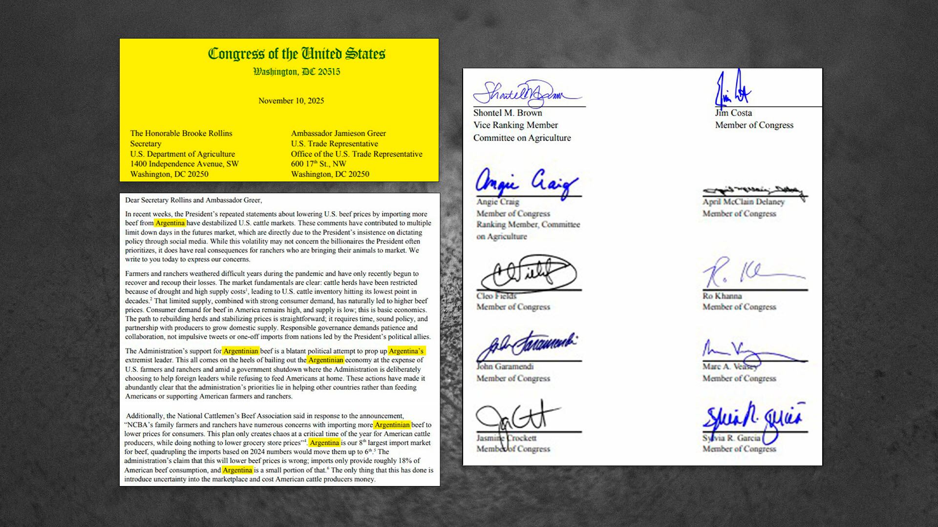 La primera carilla y algunas de las firmas de la carta de 50 legisladores a la secretaria de Agricultura y al representante comercial de EEUU quejándose del aumento de la cuota argentina