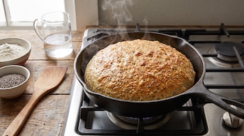 Un pan horneándose en una sartén de hierro fundido sobre una estufa, con cuencos de harina, semillas de chía, una jarra de agua y una espátula de madera.