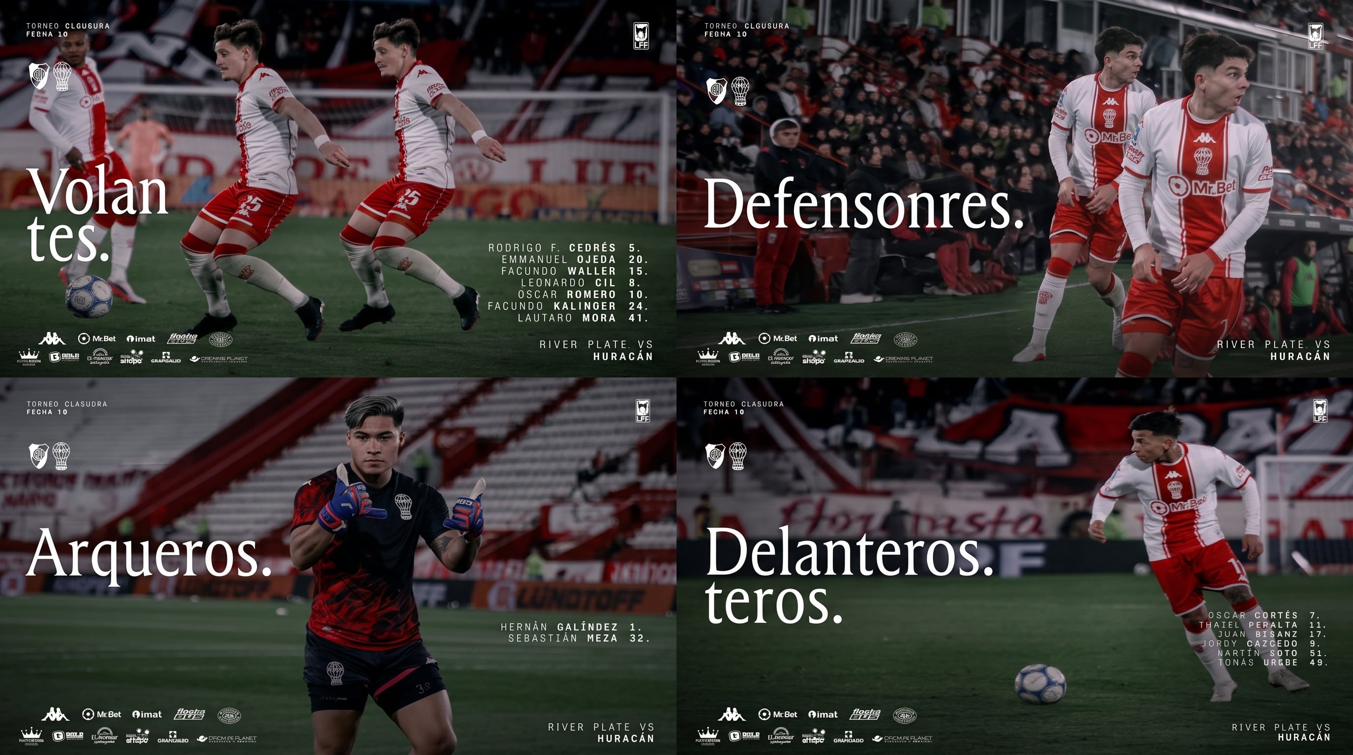 Cuatro placas gráficas detallan la lista de jugadores convocados de Huracán por posición para disputar la décima fecha del Torneo Clausura ante River Plate. (Imagen Ilustrativa Infobae)