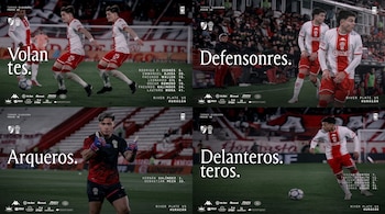 Composición de cuatro imágenes con futbolistas del club Huracán y listas de nombres agrupados por posición de juego sobre un campo de fútbol.