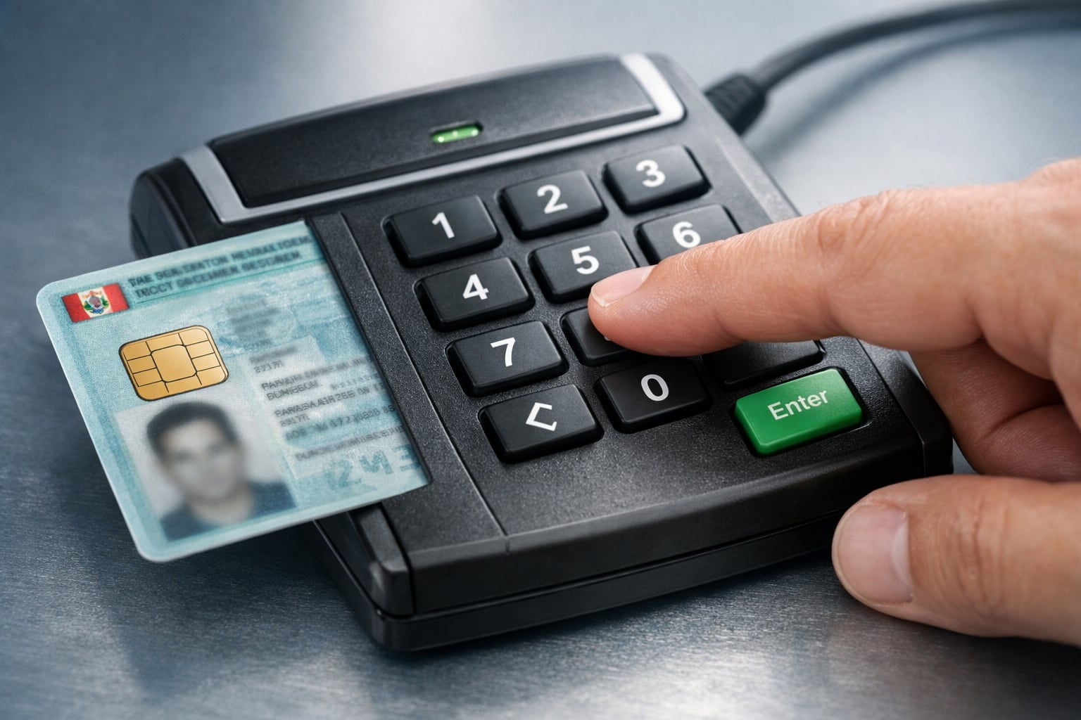 Una mano ingresa un número de identificación personal en un lector de tarjetas inteligentes que tiene un DNI electrónico peruano insertado. (Imagen Ilustrativa Infobae)