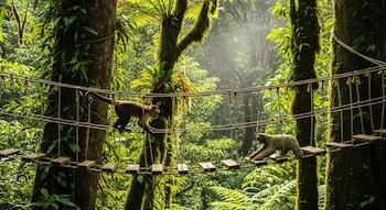 Un mono y un perezoso caminan por un puente de madera y cuerda, suspendido entre dos árboles grandes cubiertos de musgo en un denso bosque tropical.