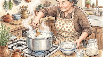 Dibujo de una mujer con delantal removiendo arroz blanco humeante en una olla sobre la estufa. En la encimera se ven hierbas, utensilios y más arroz crudo.
