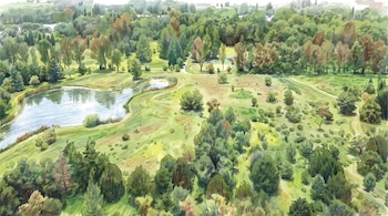 Ilustración de vista aérea de un paisaje natural con un lago irregular, abundantes árboles de diversos tamaños y arbustos, y senderos sobre un terreno verde.