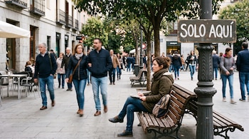 Una mujer sentada en un banco de madera escribe en una libreta en una calle peatonal con personas y un cartel con el texto SOLO AQUÍ.