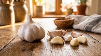 Una cabeza de ajo entera y varios dientes de ajo sueltos, algunos pelados, sobre una mesa de madera junto a un paño y recipientes.