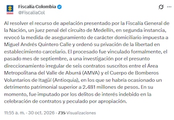 El ente acusador explicó que, tras la decisión, el procesado fue vinculado de manera formal al proceso - crédito @FiscaliaCol/X