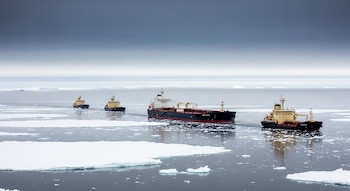 Vista aérea de cuatro buques, uno grande y tres más pequeños, navegando en un convoy a través de aguas árticas llenas de bloques de hielo flotantes y témpanos bajo un cielo gris.