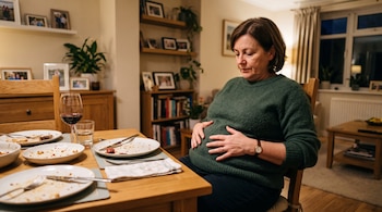 Mujer con suéter verde sentada a una mesa de madera con platos con restos de comida, una copa de vino y sus manos sobre el abdomen.