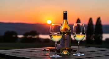 Vista de una botella de vino blanco Ondenenero y dos copas llenas de vino sobre una mesa de madera, con un atardecer naranja y montañas lejanas.