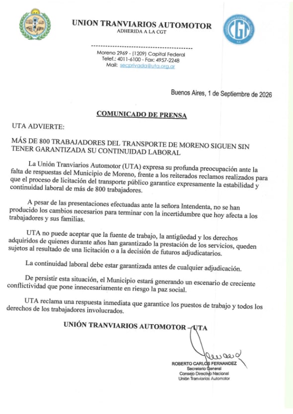 La UTA cuestionó el pliego de Moreno por la falta de garantías laborales para más de 800 choferes y empleados de La Perlita.