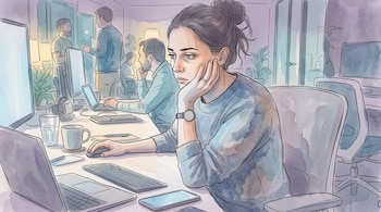 Ilustración en acuarela de una mujer sentada ante un escritorio con computadora que apoya su rostro en la mano dentro de una oficina.