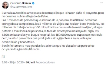 Gustavo Bolívar defendió el legado de Petro y priorizó avances sociales sobre escándalos - crédito @GustavoBolivar/X
