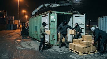 Hombres con pasamontañas mueven cajas de cartón desde un palé de madera hacia un contenedor de carga abierto durante la noche.