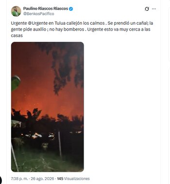 El excongresista Paulino Riascos Riascos informó sobre un incendio en Tuluá - crédito @BenkosPacifico/X