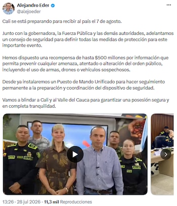 Pronunciamiento de Alejandro Eder sobre posesión en Cali de Abelardo de la Espriella - crédito @alejoeder/X