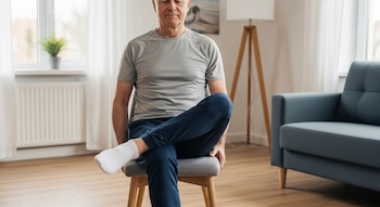 Hombre mayor sentado en silla de tela con patas de madera, cruza tobillo sobre rodilla, viste camiseta gris, pantalón azul y calcetines blancos.